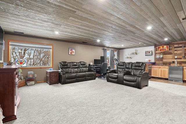 carpeted cinema with wooden ceiling, beverage cooler, and bar