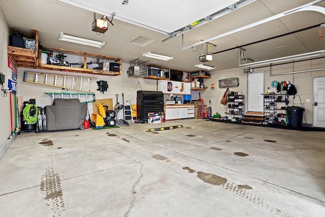 garage with a garage door opener and a workshop area