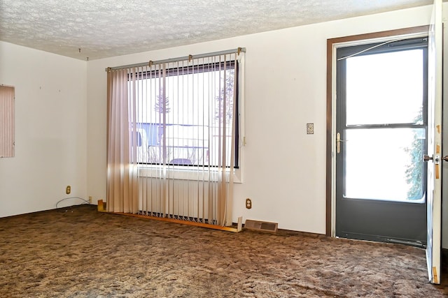 unfurnished room with a textured ceiling and carpet flooring