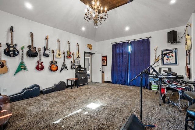 rec room with carpet, lofted ceiling, and a notable chandelier