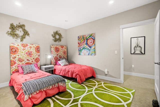 bedroom with light carpet