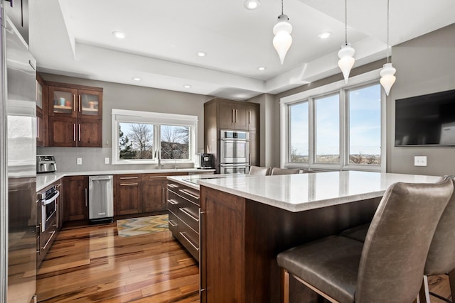 kitchen with appliances with stainless steel finishes, a center island, dark hardwood / wood-style floors, a raised ceiling, and a breakfast bar area