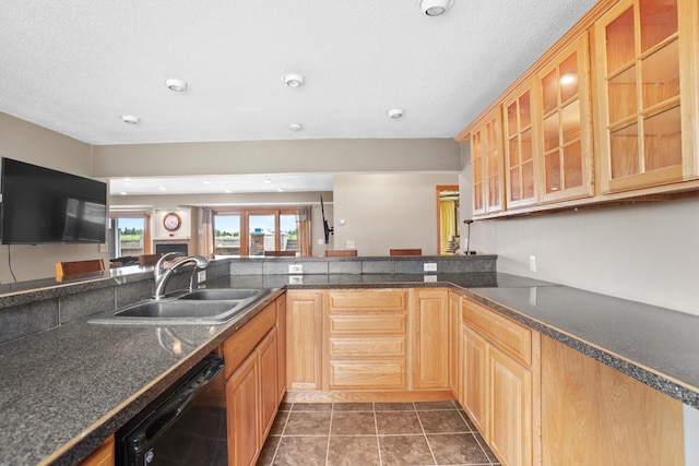 529 Rice Lake Rd, Rice Lake, ND 58735 - kitchen with dark tile patterned flooring, a textured ceiling, dishwasher, sink, and kitchen peninsula