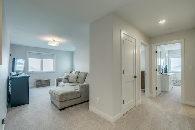 interior space featuring light carpet