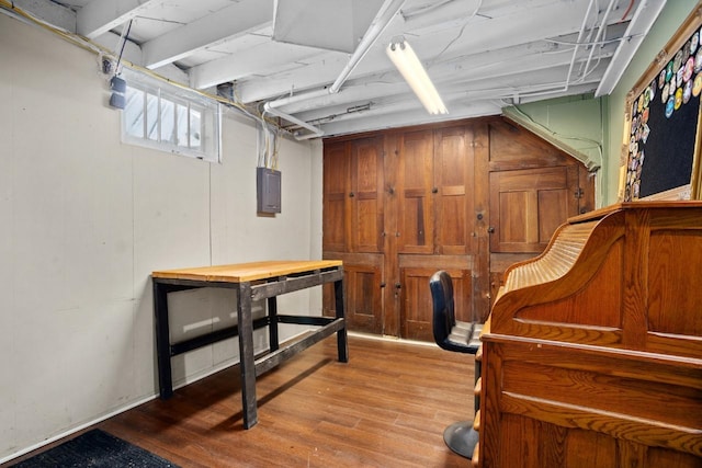 basement featuring hardwood / wood-style floors and electric panel