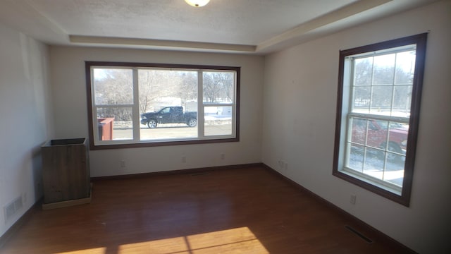 unfurnished room featuring a tray ceiling and dark wood-type flooring