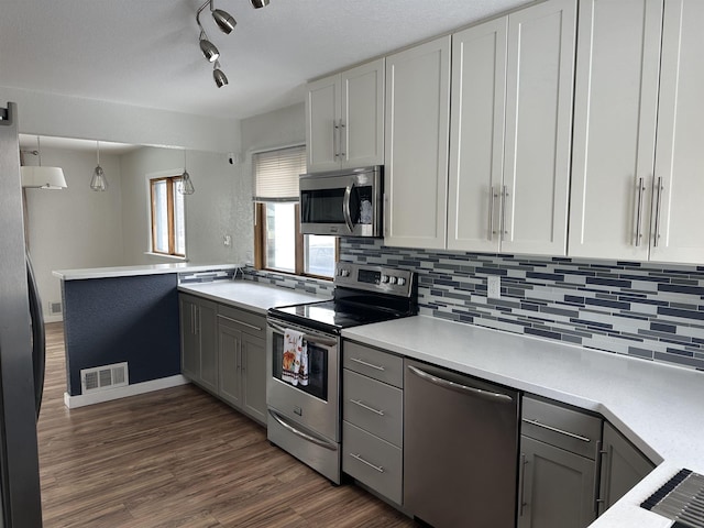 kitchen with hanging light fixtures, appliances with stainless steel finishes, gray cabinets, and kitchen peninsula