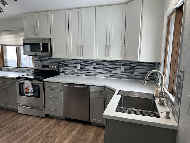 kitchen featuring sink, gray cabinetry, appliances with stainless steel finishes, dark hardwood / wood-style floors, and decorative backsplash