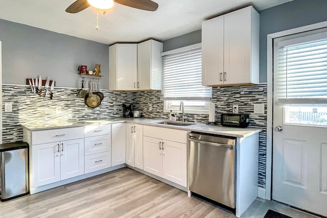 kitchen featuring sink, stainless steel dishwasher, and white cabinets