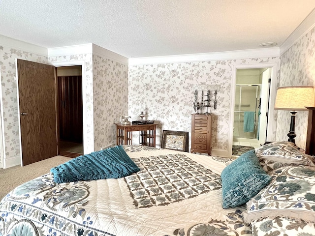 carpeted bedroom featuring crown molding and a textured ceiling