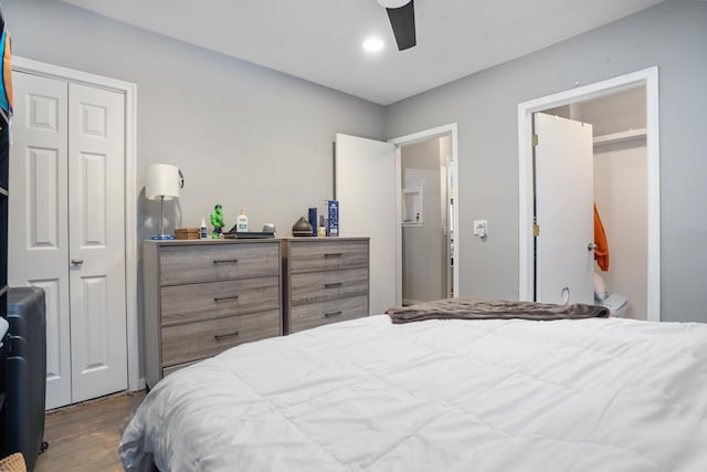 bedroom featuring ceiling fan and wood-type flooring