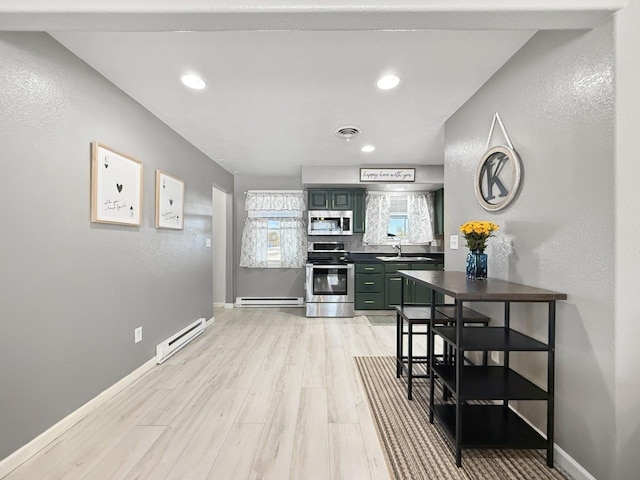 kitchen featuring baseboard heating, light hardwood / wood-style floors, appliances with stainless steel finishes, and sink