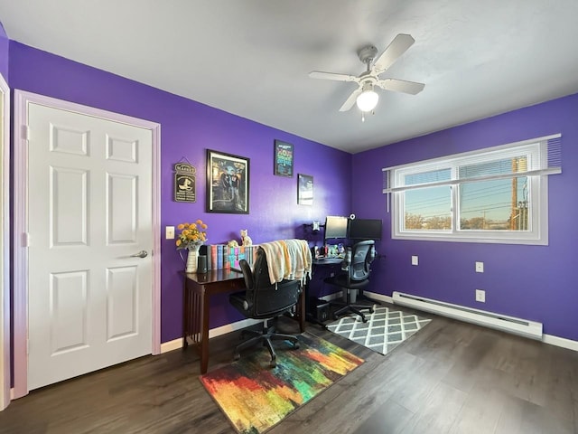 home office with a baseboard radiator, dark hardwood / wood-style floors, and ceiling fan