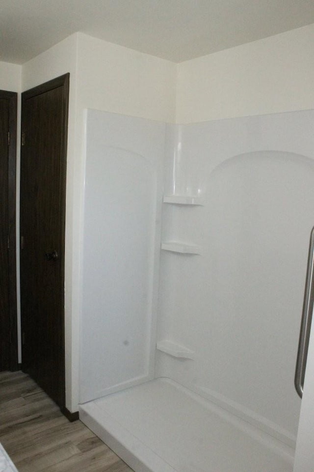 bathroom featuring walk in shower and wood finished floors