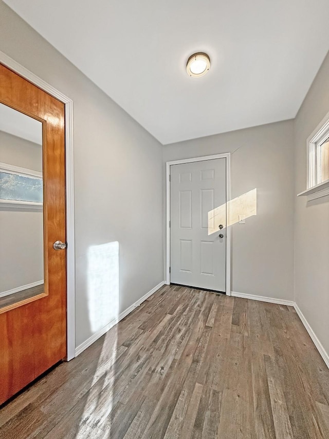 foyer with baseboards and wood finished floors