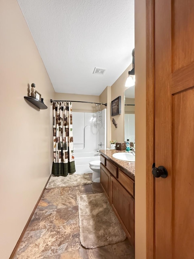 full bath with visible vents, toilet, shower / bathtub combination with curtain, a textured ceiling, and vanity