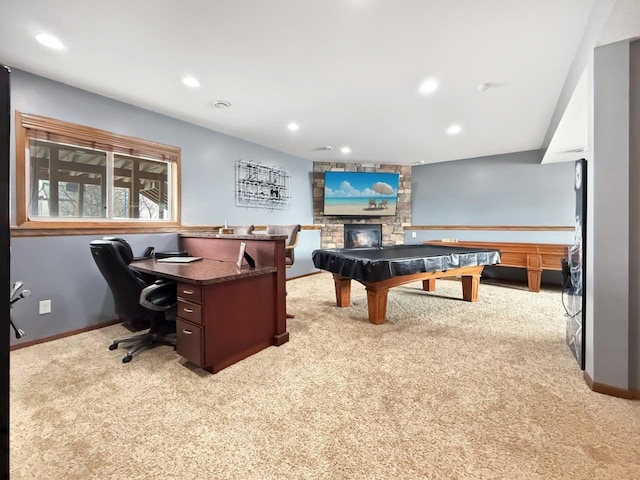 rec room featuring carpet, a fireplace, baseboards, and recessed lighting