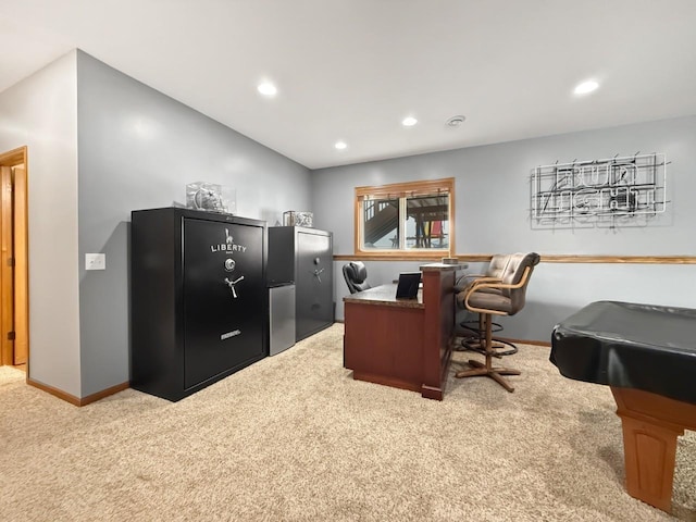 office space featuring baseboards, carpet flooring, and recessed lighting