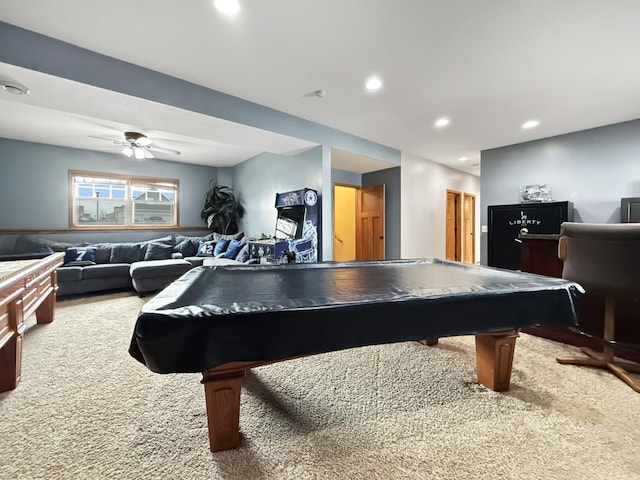 game room featuring ceiling fan, carpet, billiards, and recessed lighting