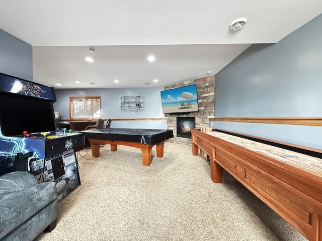 playroom featuring recessed lighting, visible vents, a brick fireplace, carpet flooring, and billiards