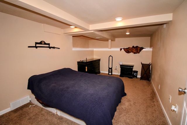 bedroom with carpet flooring, visible vents, and baseboards