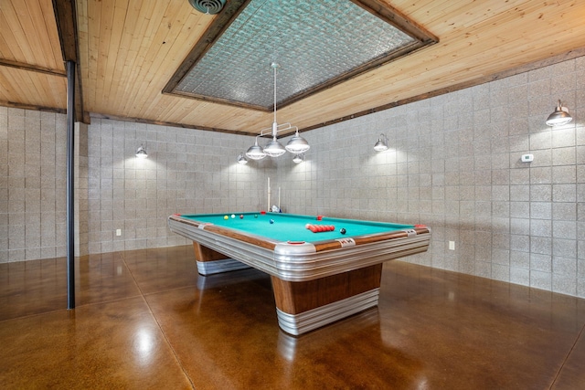 rec room with wooden ceiling, billiards, and concrete floors
