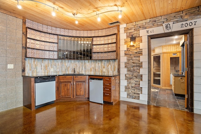 bar featuring refrigerator, wooden ceiling, visible vents, and dishwasher
