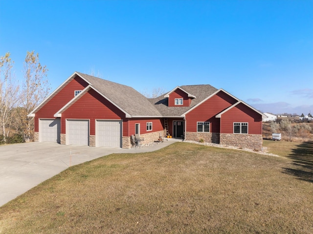 craftsman inspired home featuring stone siding, a front lawn, and driveway