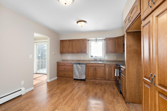 kitchen featuring electric stove, a baseboard radiator, light wood-style floors, a sink, and dishwasher