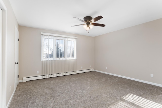 carpeted empty room with ceiling fan, baseboards, and baseboard heating