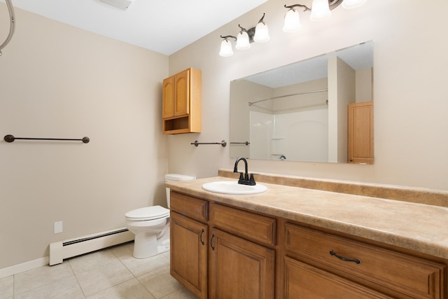 bathroom featuring toilet, tile patterned flooring, walk in shower, vanity, and a baseboard heating unit