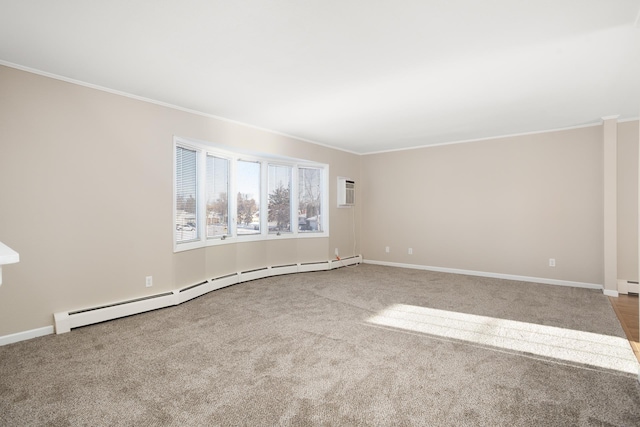 carpeted empty room with a wall unit AC, baseboards, a baseboard heating unit, and ornamental molding