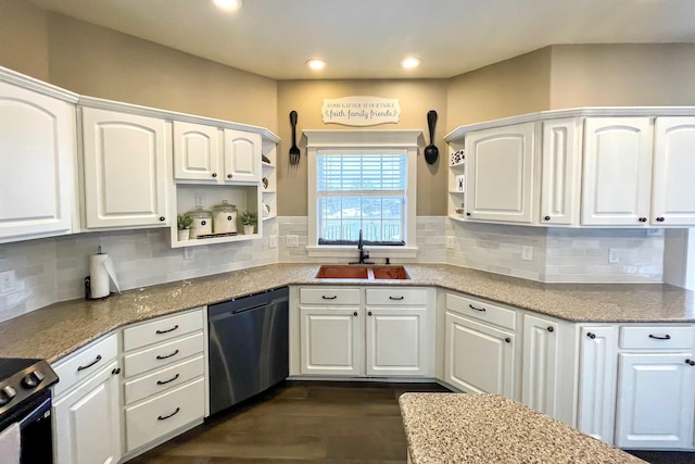 kitchen featuring a sink, appliances with stainless steel finishes, white cabinetry, and open shelves