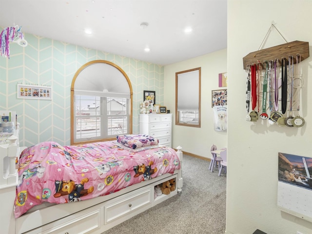 carpeted bedroom featuring recessed lighting and baseboards