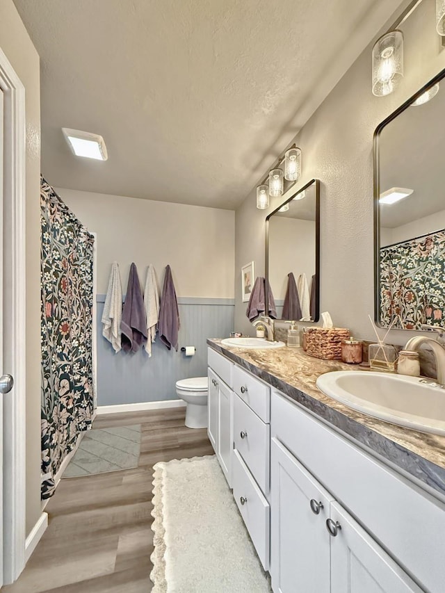 bathroom featuring toilet, wood finished floors, wainscoting, and a sink