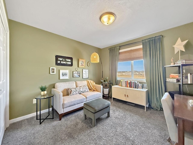 carpeted living area with baseboards and a textured ceiling