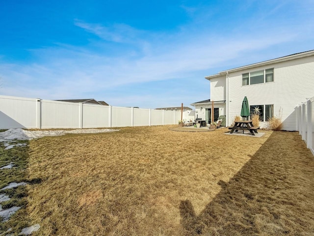 view of yard with a patio and a fenced backyard