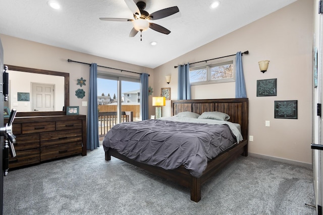 carpeted bedroom featuring ceiling fan, baseboards, vaulted ceiling, a textured ceiling, and access to outside