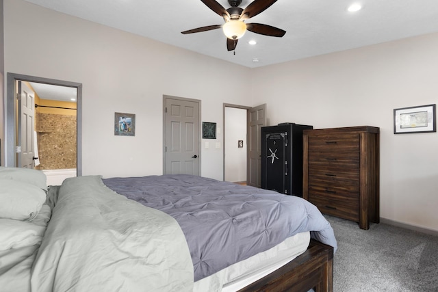 carpeted bedroom featuring recessed lighting, baseboards, and a ceiling fan