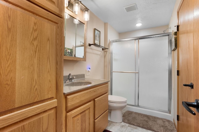 full bathroom with visible vents, vanity, toilet, and a shower stall