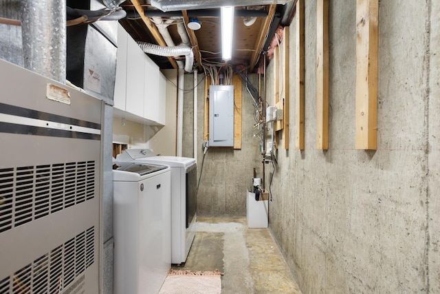 interior space with electric panel, heating unit, separate washer and dryer, and laundry area