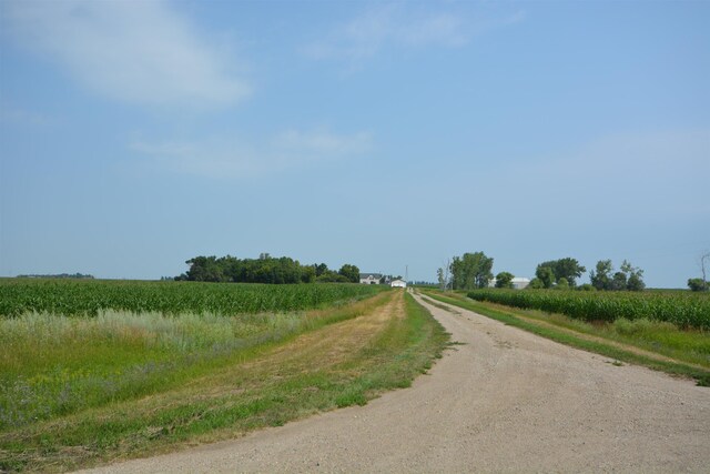 view of road with dirt driveway and a rural view