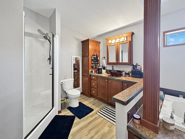 12780 153rd St, Sawyer, ND 58781 - bathroom with a shower stall, wood finished floors, vanity, and toilet