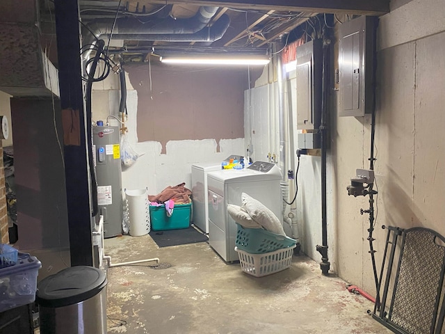 unfinished below grade area with separate washer and dryer, electric panel, and water heater