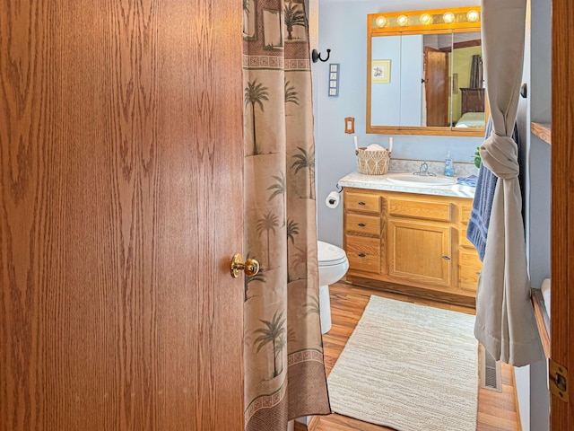 812 15 1/2 Ave SE, Minot, ND 58701 - bathroom with toilet, vanity, and wood finished floors