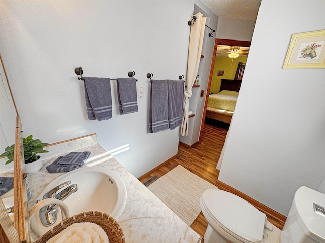 812 15 1/2 Ave SE, Minot, ND 58701 - bathroom with a sink, toilet, ensuite bathroom, a ceiling fan, and wood finished floors