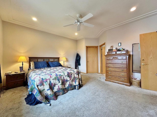 bedroom featuring ceiling fan, recessed lighting, and carpet floors