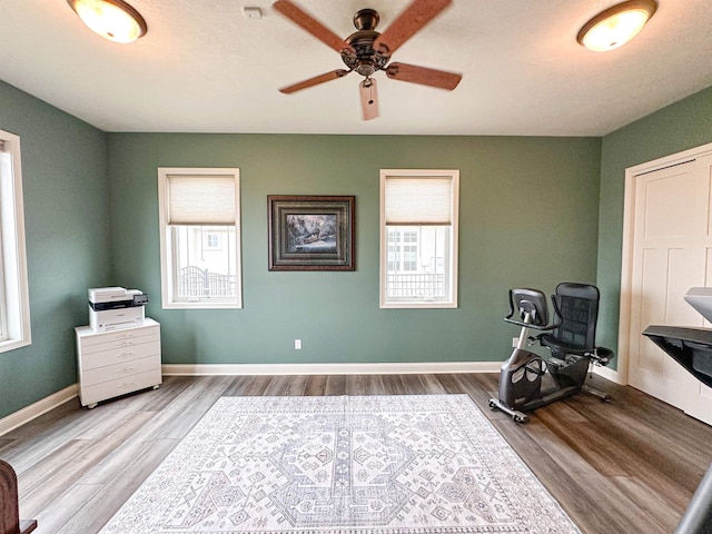office featuring wood finished floors, ceiling fan, and baseboards