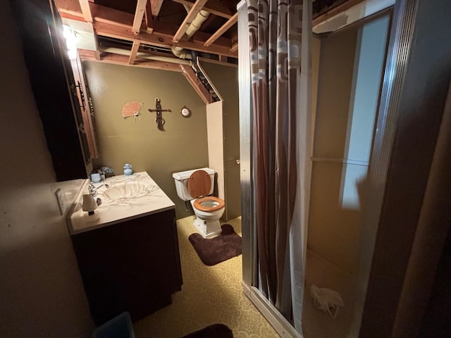 402 Brewster St, Harvey, ND 58341 - bathroom with toilet, curtained shower, and vanity