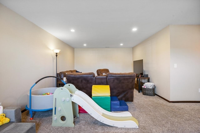 recreation room featuring recessed lighting, carpet flooring, and baseboards
